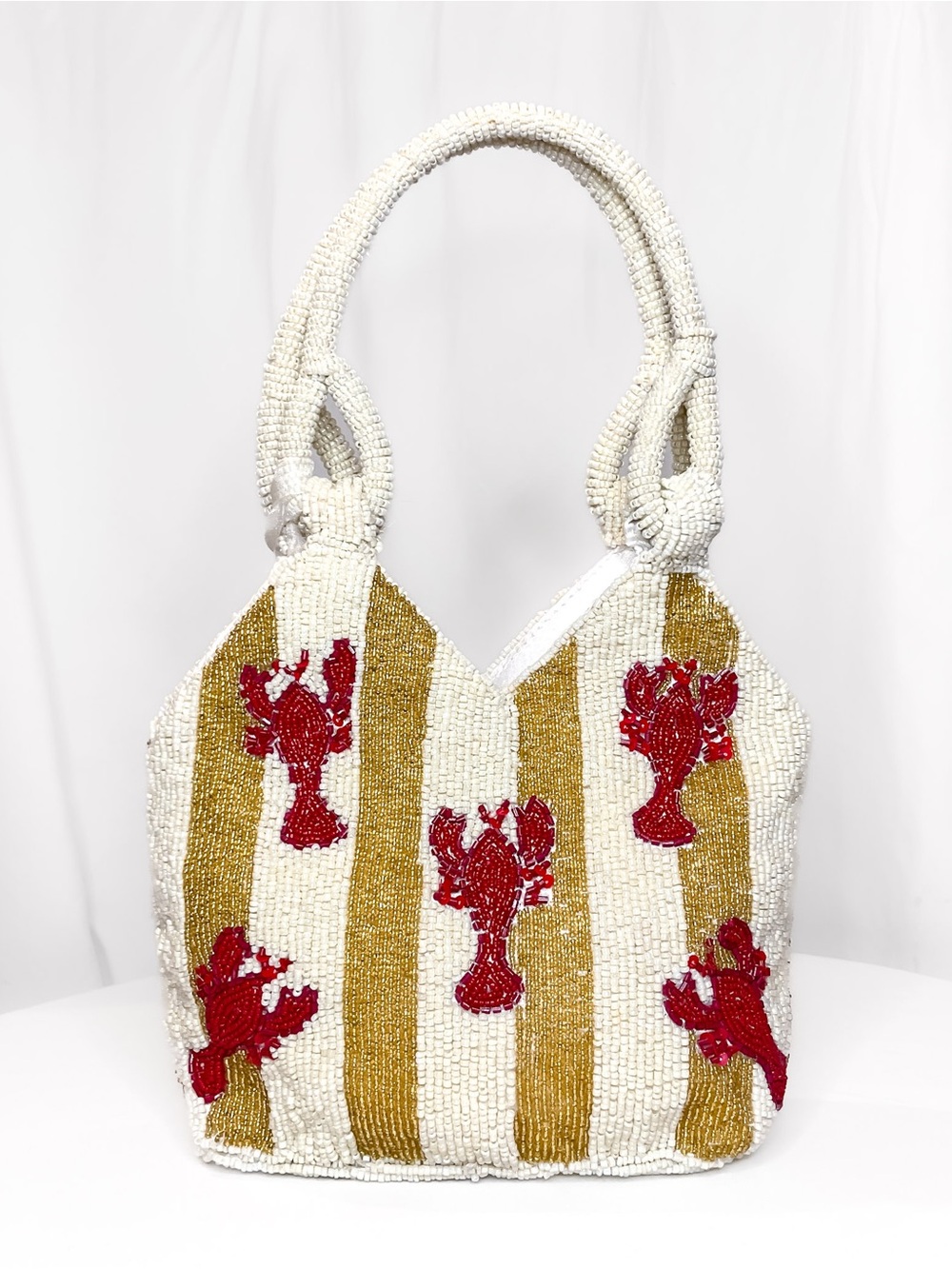 Beaded Lobster Stripe Purse Bag • White, Gold & Red • NWT